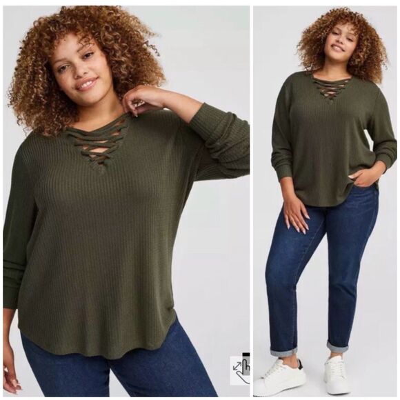 Torrid 1X Plus Size Top Waffle Lace Up VNeck Olive Green Long Sleeve Casual Cozy - Picture 1 of 11